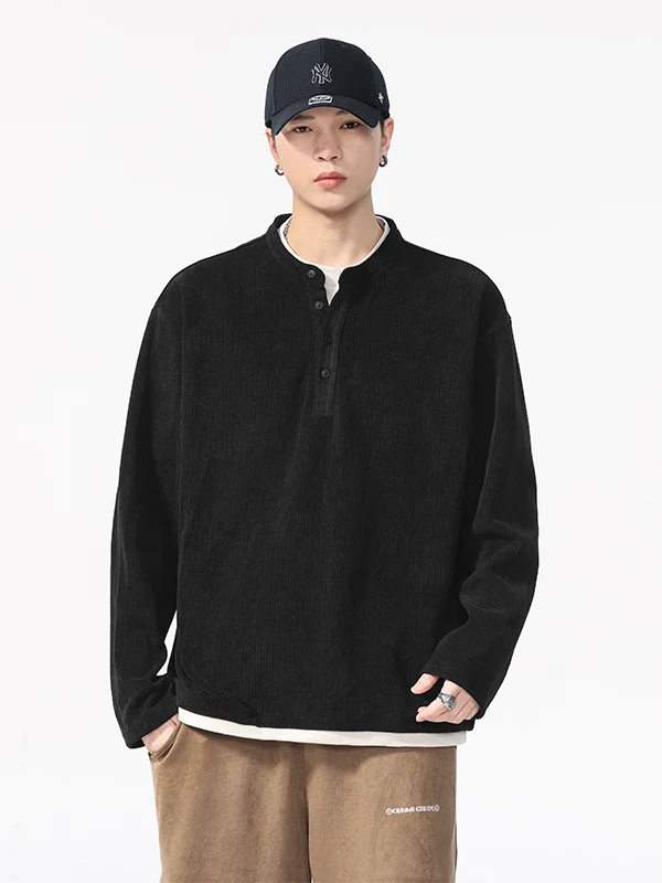 

Retro American Waed Fce Long Sve T-irt Men's 400g Fake Two-Piece Henry Collar Base irt Autumn Winter Thiened