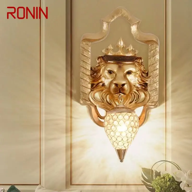 Ronin Moderne Leeuw Wandlamp Led Goud Europese Creatieve Hars Kristallen Schans Licht Voor Huis Woonkamer Slaapkamer Gang