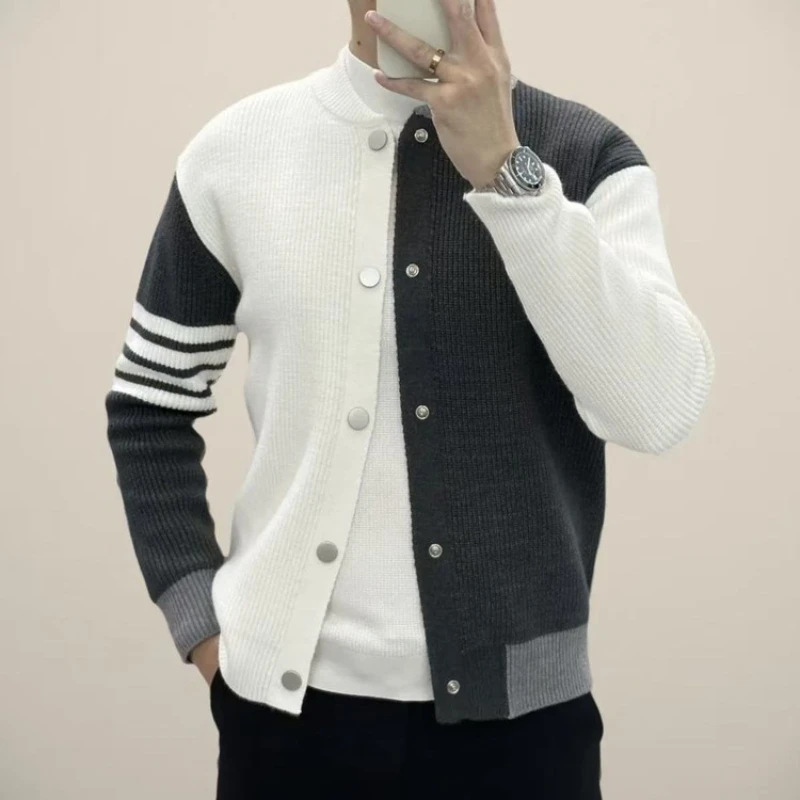 

​Men's Autumn Winter Knit Cardigan - Grey Blue Color Block (White Gray) M-3XL Gold Button Design​ in Season Ready Stock