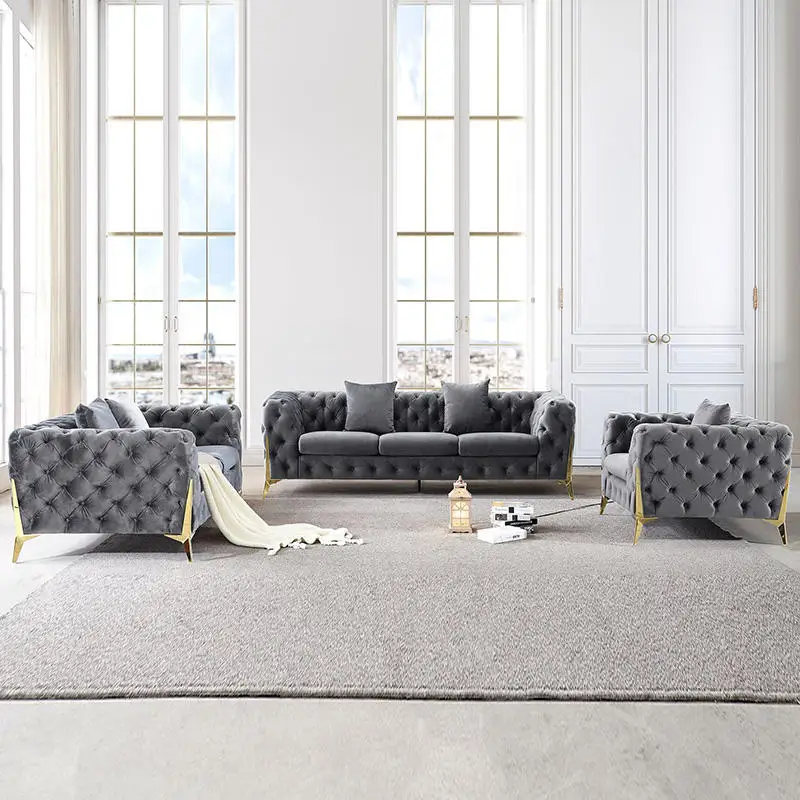 MIcrofiber Fabric Gray Velvet Couch and 3 Seater Sofa Gold Modern Furniture Sofa Set 3 2 1 Living Room Sofas Luxury High Quality