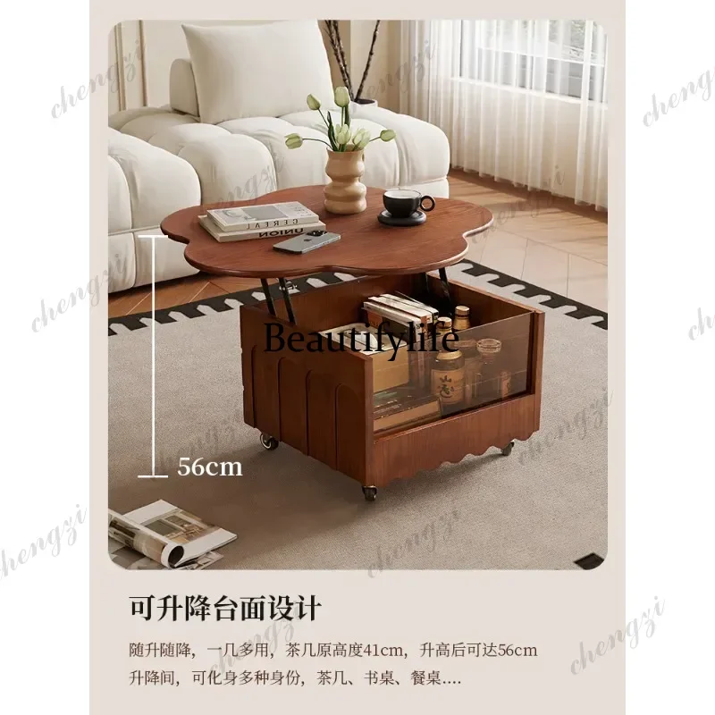 Retro style multi-functional coffee table petal coffee table solid wood lifting mobile coffee table p182
