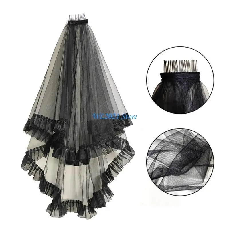 

G5GC Wedding Lace Veil Bride Tulle with Pleated Trim Halloween Party Photography Veil
