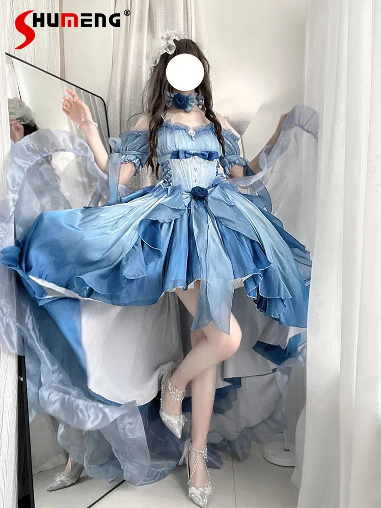 Blue Lolita Dress Heavy Industry with Long Trailing Bow 3D Rose Irregular Princess Dress for Women Sweet Elegant Long Dresses