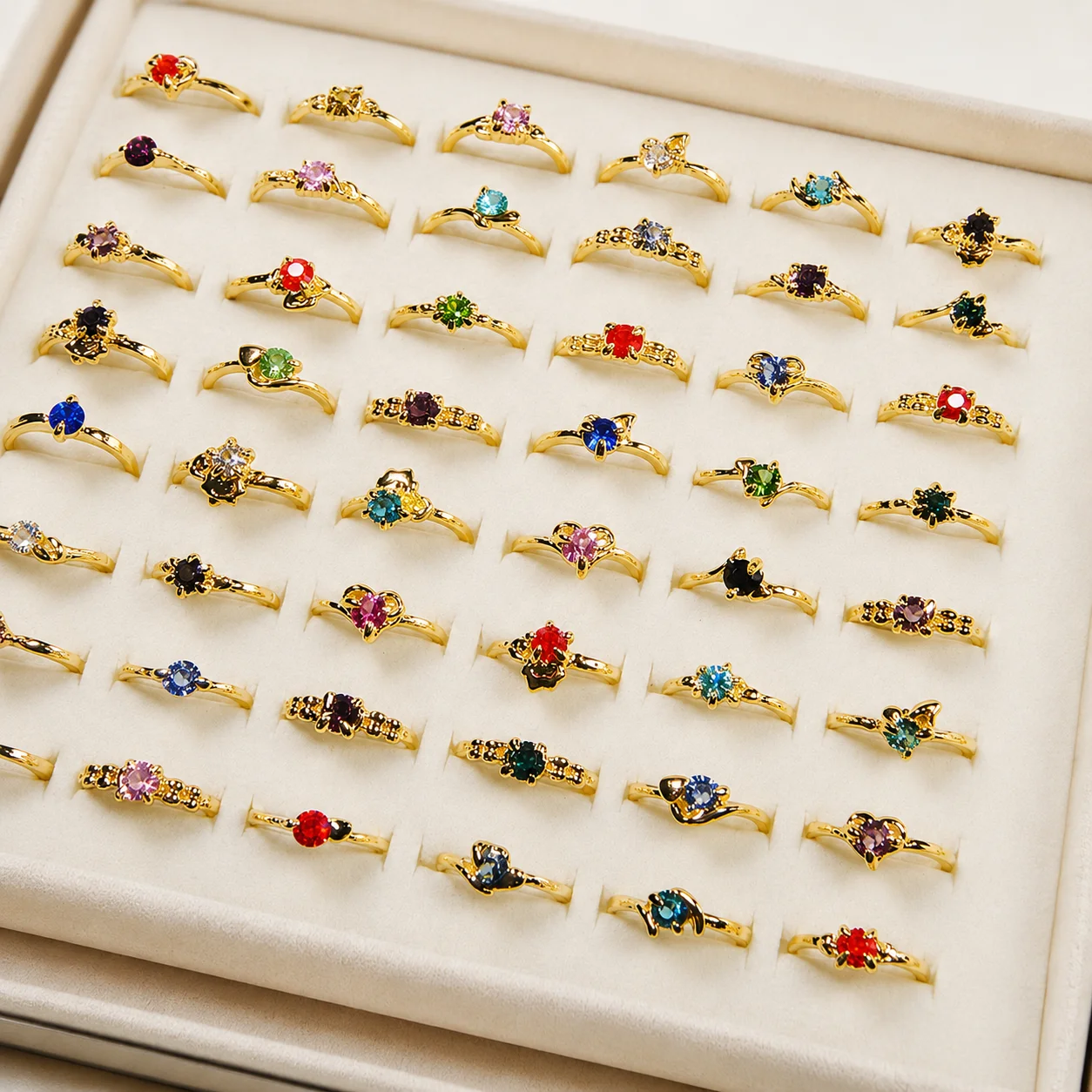 50Pcs Trendy Gold Plated Rings For Women Her - Multi Color Gemstone Stackable Rings, Bulk Fashion Jewelry for Resale