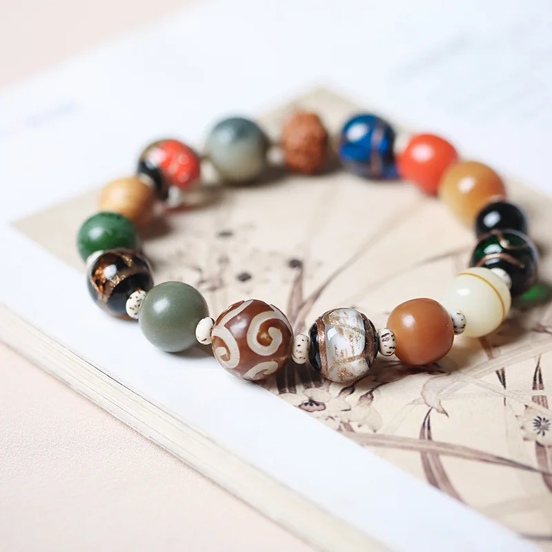 Five Elements Water Wood Metal Fire Earth Bracelet Unisex Incense Ash Glass 18 Beads Multi Gem Bodhi Prayer Strand