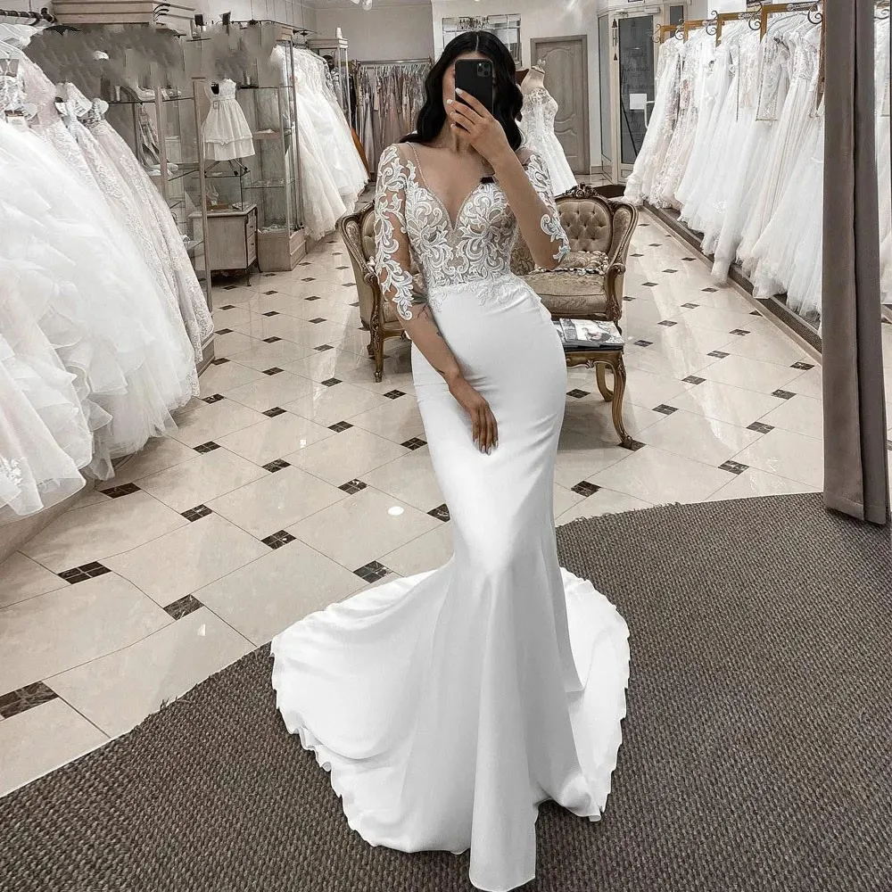 Abiti da sposa a sirena con maniche lunghe in pizzo con applicazioni scollo a V in Tulle staccabile treno da sposa cresciuto 2024 Robe De Mariage