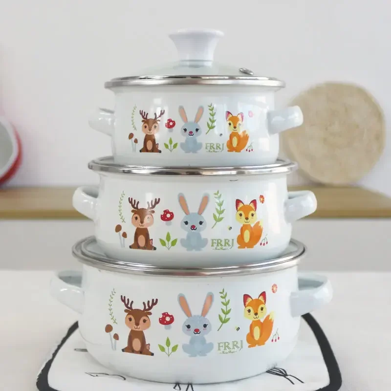 Kitchen Pot Three-piece Enamel  Fresh Bowl Instant Noodle Bowl Milk Pot Baby Rice  Complementary Food Bowl Hot Pot