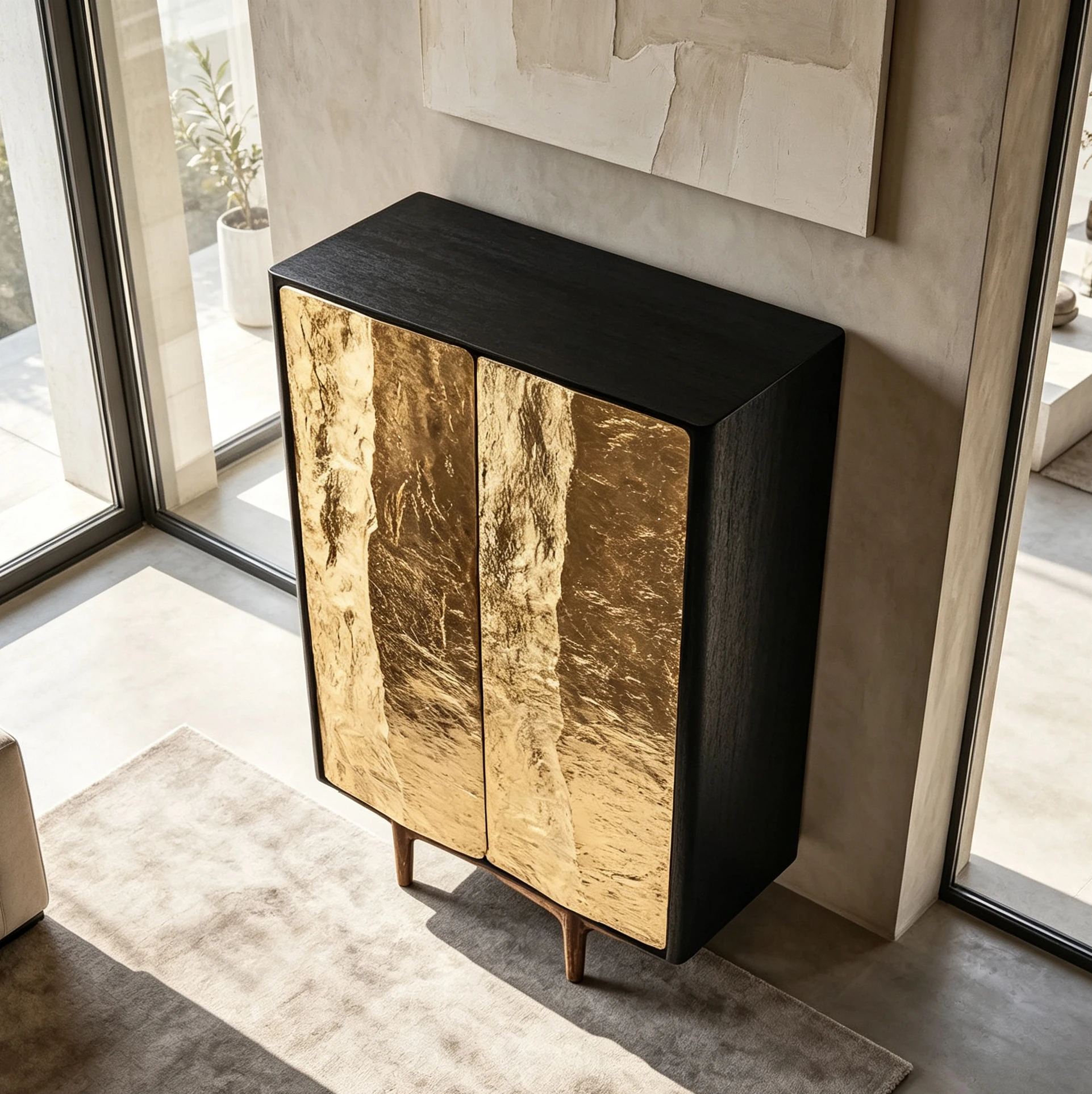 Y*-Fiberglass Frame Tall Buffet Cabinet Crinkled Gold Door Panels Dark Shell Wood Legs for Coastal