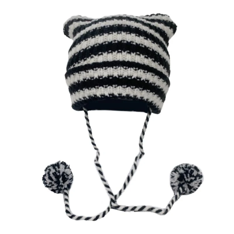 Winter Knit Devil Hat with Pompoms Decor Keep Warm Hat Windproof Hat for Adult