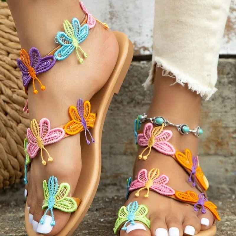 Summer New Flat Sandals Colorful Butterfly Decorated Beach Sandals Outdoor Women\'s Shoes Shoes for Women