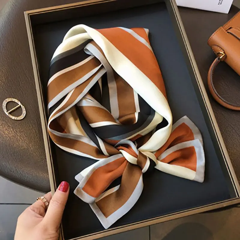 

Caramel Brown Black Stripe Silk Scarf Women Neck Tie Bag Handle Ribbon Fashion Head Wrap