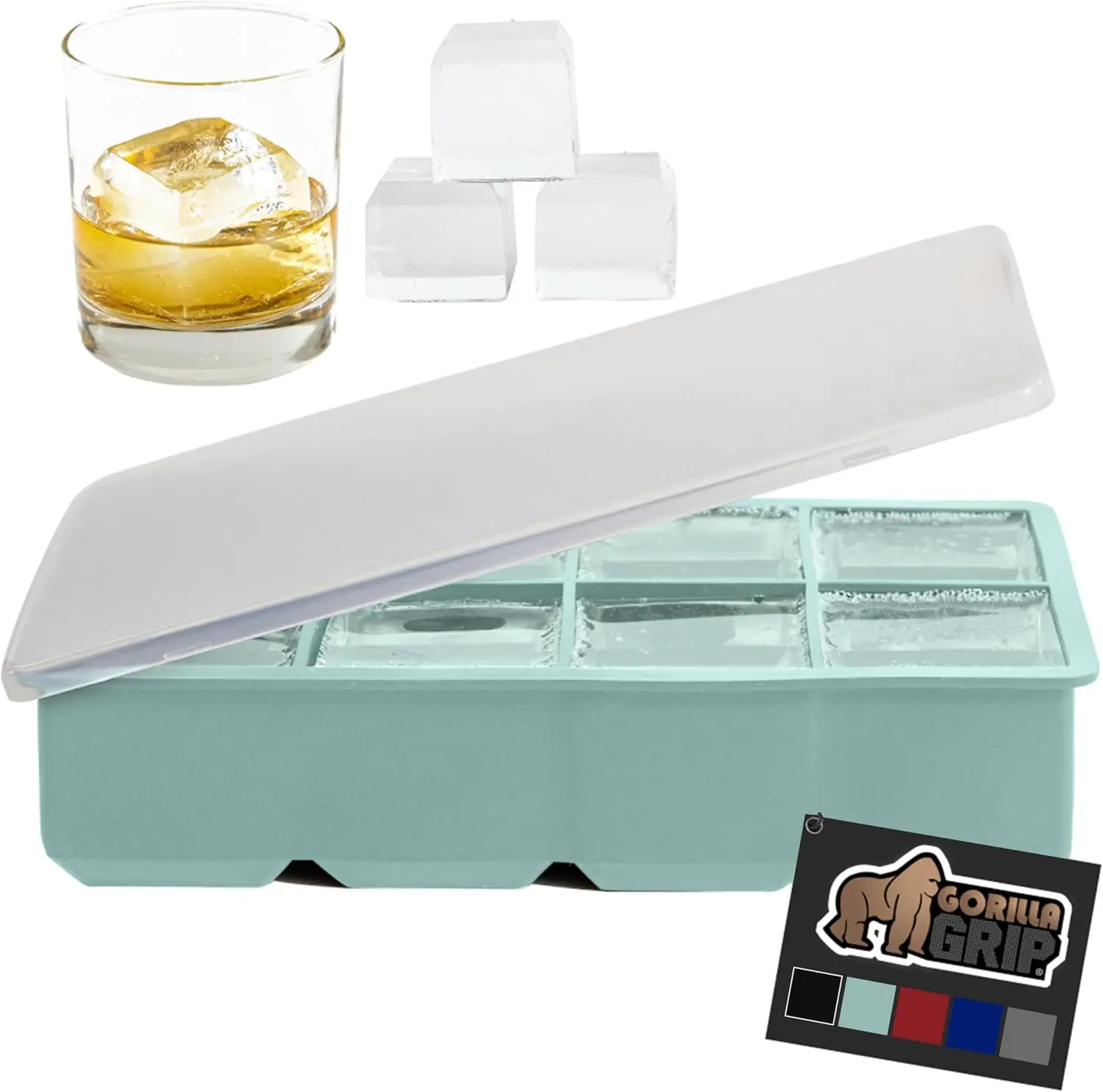 Gorilla Grip Slow Melting Large Silicone Ice Cube Tray for Freezer, Easy to Push 8 Giant Square Cubes, Use for Cocktails, Iced Coffee, Water Bottle, Frozen Puree, Kitchen Bar Essentials, 1 Pack, Mint