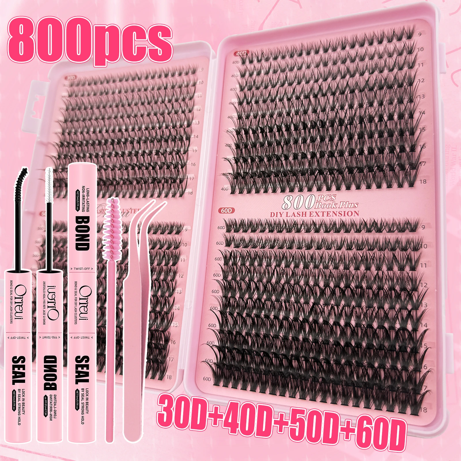 800-teiliges DIY-Wimpern-Set 30D 40D 50D 60D D-Curl 8-18mm gemischte Längen Einzelne falsche Wimpern mit Klebstoff, Versiegelung und Pinzette – Detail 9