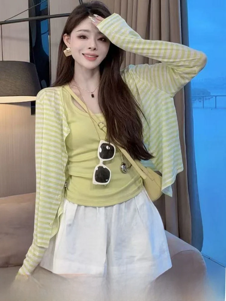 

Thin Short Sleeveless Cardigan Women's Outerwear Lazy Shoulder Coat Small Top Commute Style Slim Fit Color Block Cool Feeling