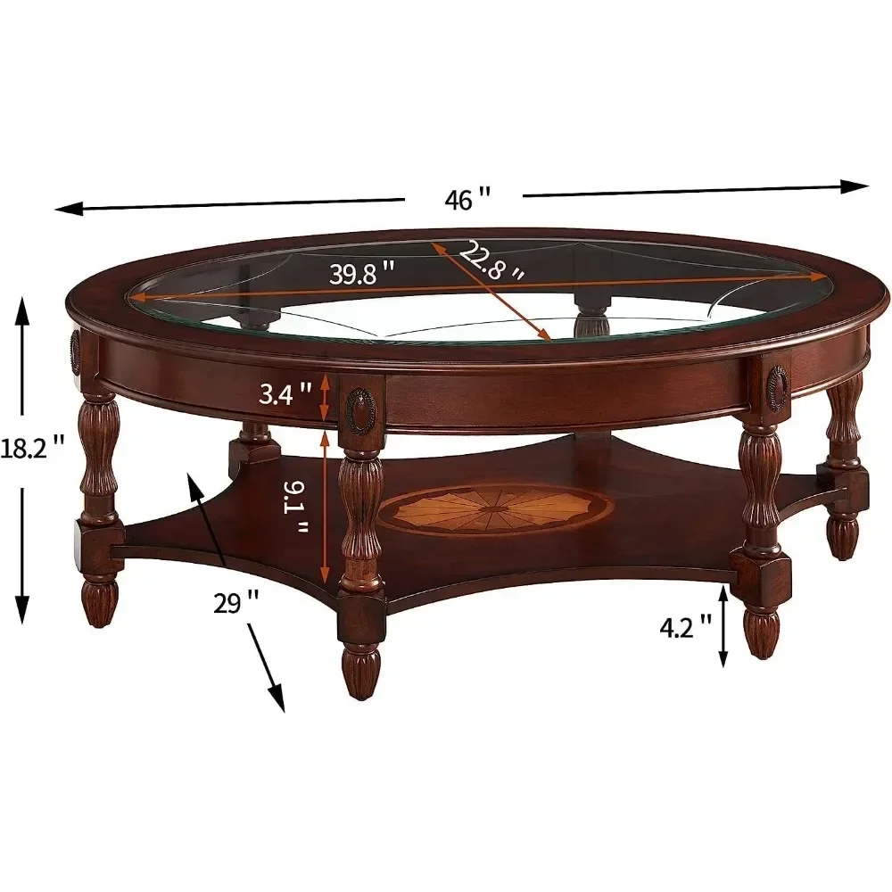 Mesa de centro ovalada tradicional de madera maciza con tapa de vidrio templado para sala de estar, mesa de cóctel tradicional para sala de estar de 44,9"