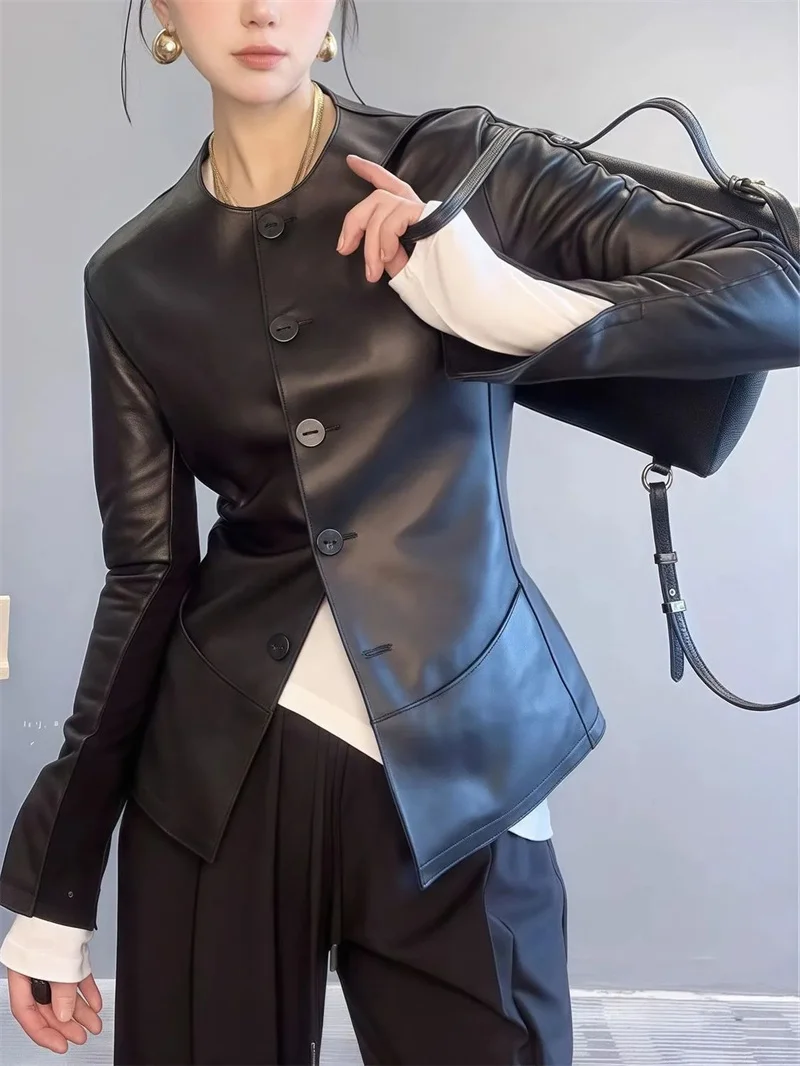 Leather Jacket High-quality Leather Coat Women's Spring Women's Jackets Buckle Waist Slim Joker Leather Jacket New Outerwear