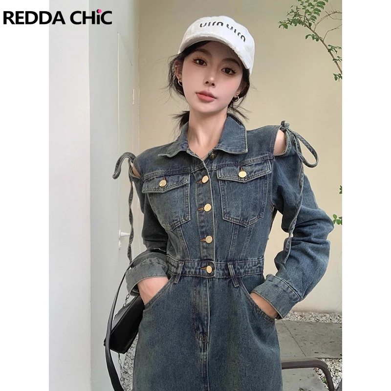 ReddaChic Women Off Shoulder Bandage Cargo Dress Vintage Wash Distressed Lapel Tassels Slit Denim Dress Autumn Harajuku Clothes