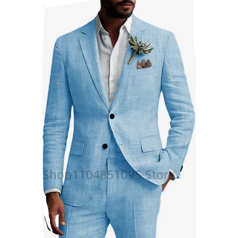

Мужские льняные костюмы жениха из двух предметов, пляжный свадебный костюм, летний приталенный пиджак с лацканами, повседневные смокинги для свадьбы (пиджак + брюки)