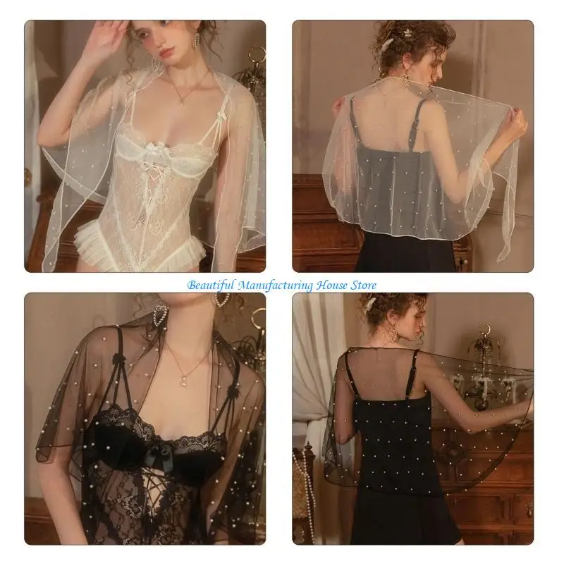 E56A Bride Tulle Shawl Beadwork Shoulder Wrap Evening Gown Half Shawl Accessories Engagement Event Beadwork Shawl Wrap