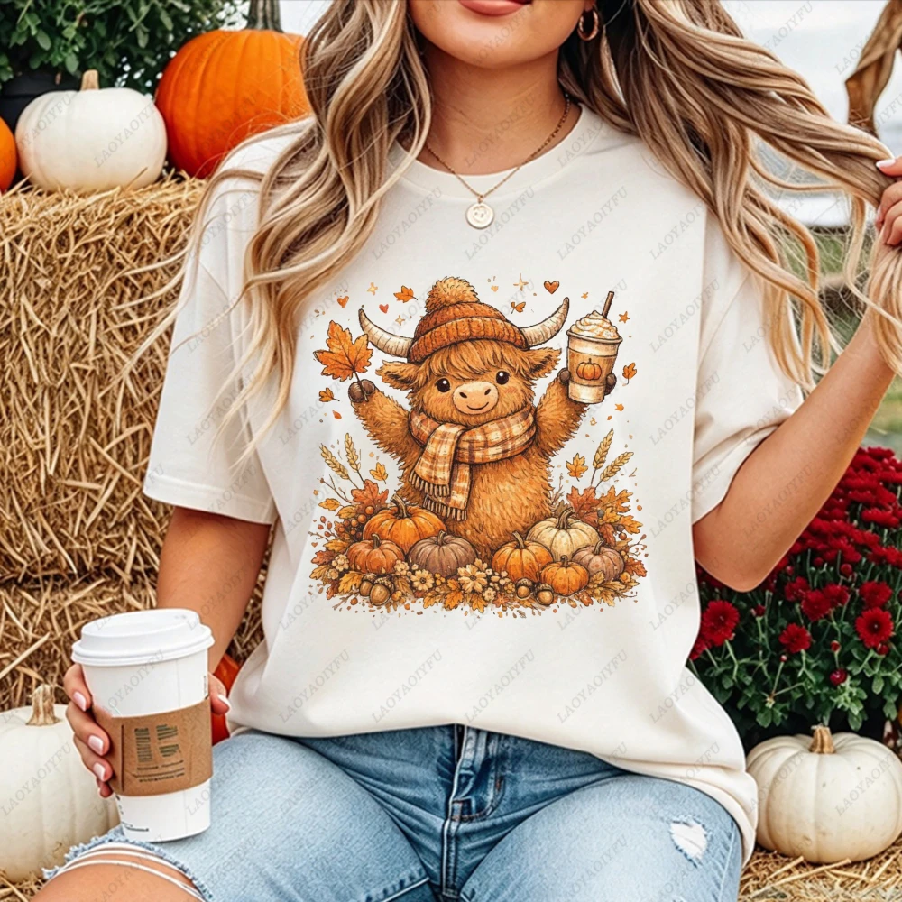 Highland Cow Beanie Scarf Coffee Pumpkin Graphic Women Casual Short Sleeve T-Shirt Fall Adorable Cozy Farm Animal Loungewear