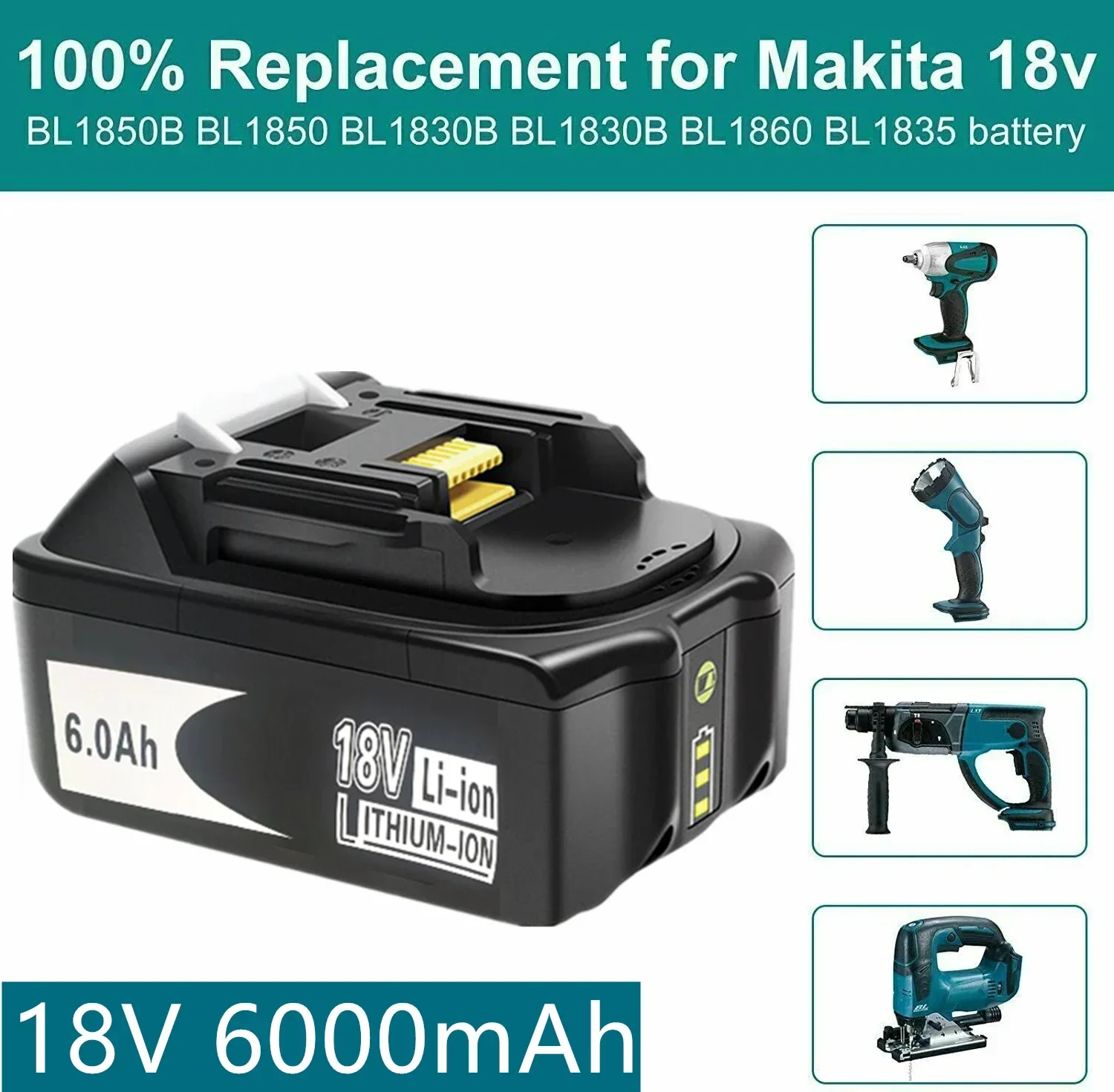 Makita rechargeable lithium-ion battery, 18V, 6AH, 18650, BL1860B, BL1860, BL1850, DDF486, DF488 backup battery