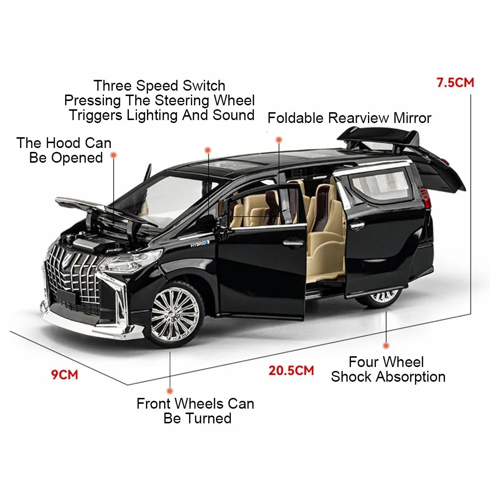 1:24 Highlander Alphard Miniature Toys Cars Models Alloy Diecast Doors Opened Car Sound Light Pull Back Vehicles for Kids Gifts