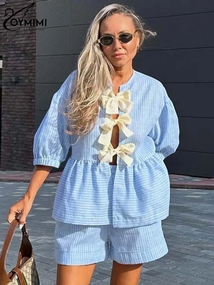 

Oymimi Casual Baby Blue Print Sets For Women 2 Pieces Fashion O-Neck Three Quarter Sleeve Bow Lace-Up Shirts And Shorts Sets