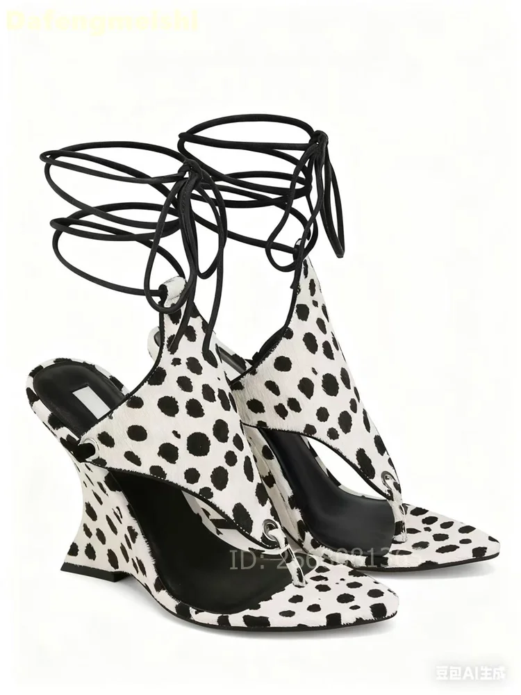 Cow Print Spotted Wedge Heel Sandals Square Toe Lace Up Ankle Wrap Strappy Heels Women Fashion Party Street Summer Shoes