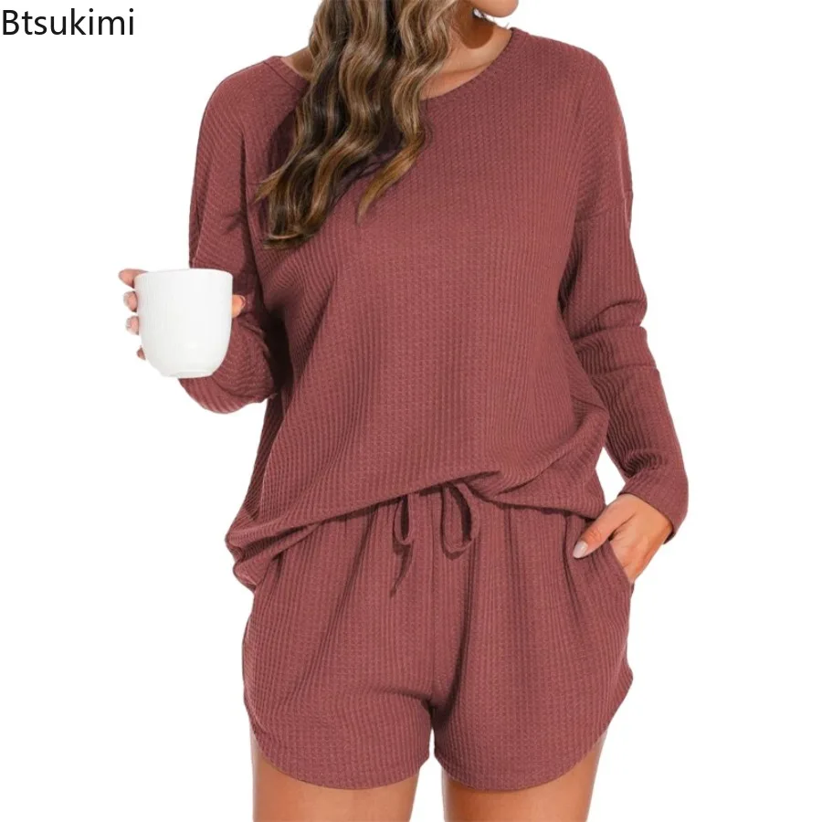 Waffle Knitted Solid Women's Pajama Set Long Sleeve O Neck Top and Drawstring Shorts Female 2 Pcs Sleepwear Nightwear Homewear