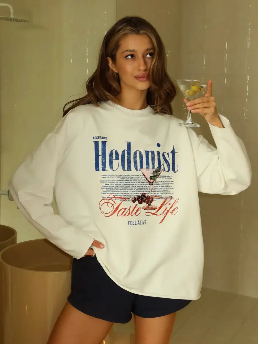Französische Frauen Hedonist Brief Drucken Ästhetische Sweatshirt T-shirts 100% Baumwolle Lose Oversize Pullover Frühling Herbst Street Fashion