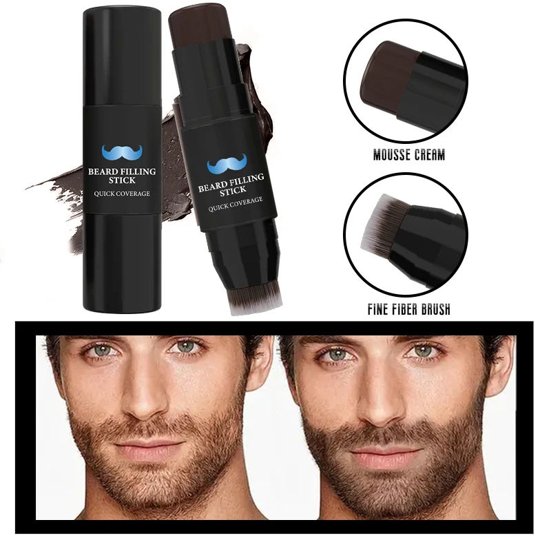 عصا تعبئة اللحية 2 في 1 مع فرشاة حشو قلم اللحية للرجال، قلم اللحية وفرشاة اللحية تغطية طويلة الأمد لمسة نهائية طبيعية