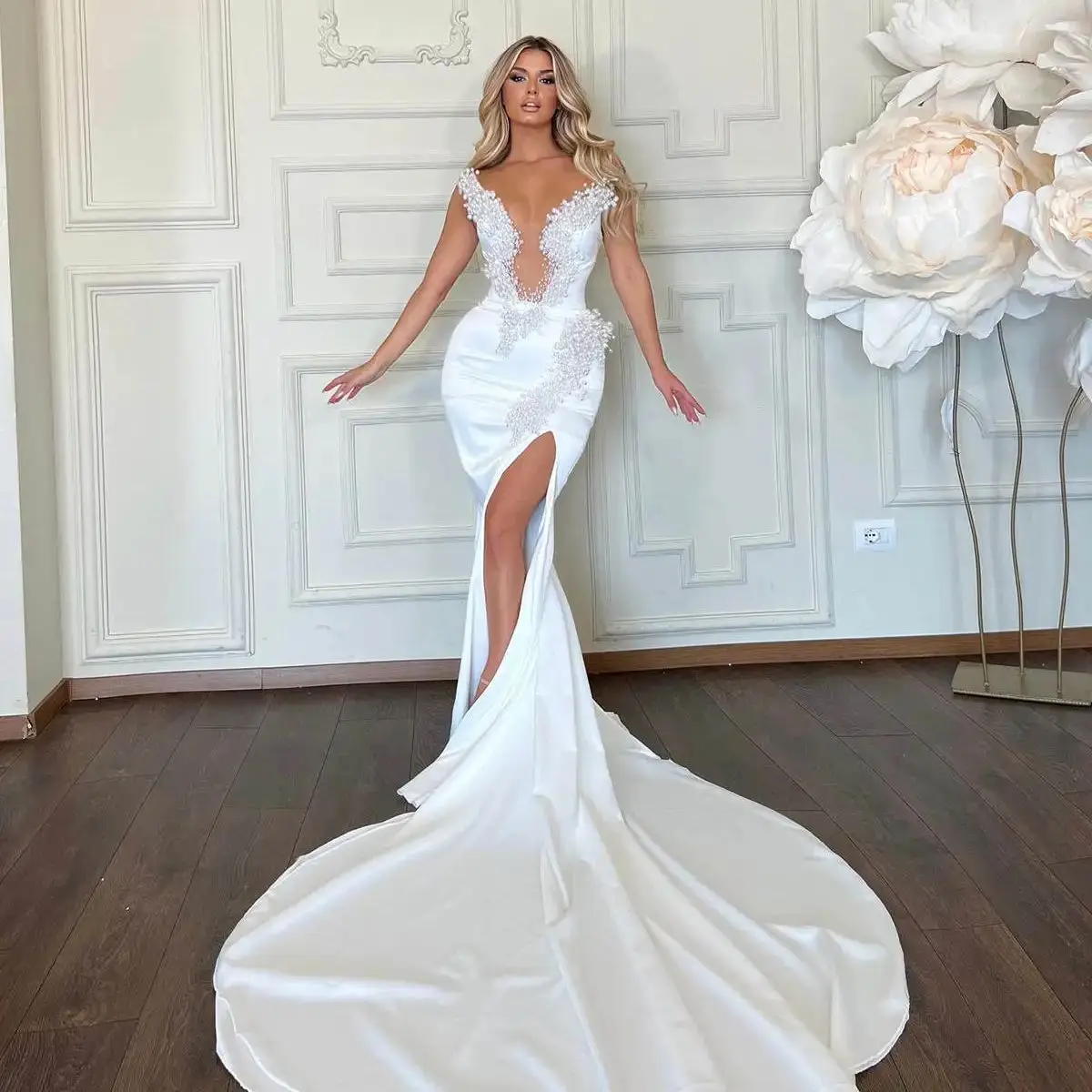 Sexy Mermaid Wedding Dresses Shiny Pearl Beading Lace Side Slit Beads Prom Dresses Party Special Occasion Gowns Customized