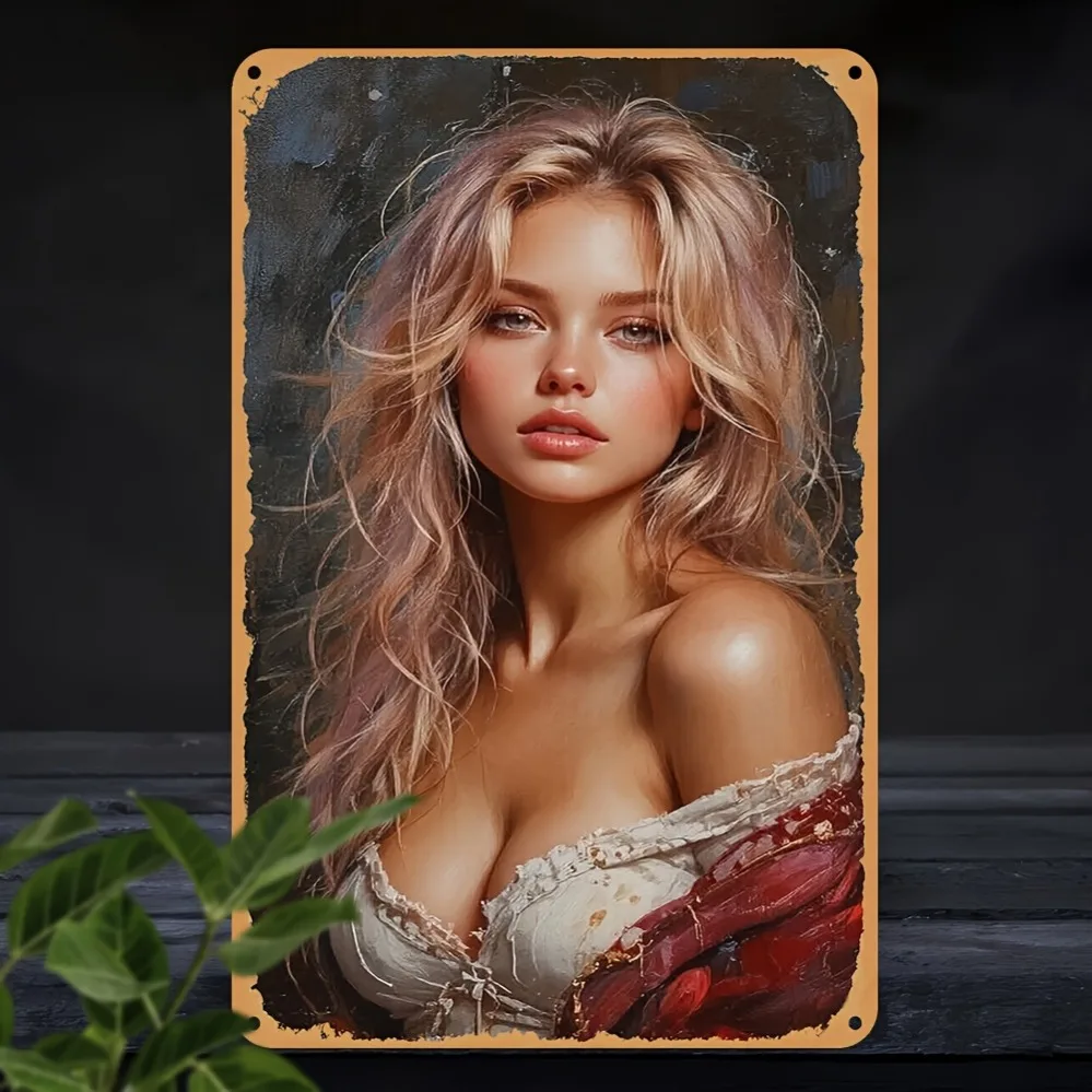 ديكور فني جداري عتيق من الألومنيوم - فستان أحمر مقاوم للماء والغبار، تصميم مسطح ثنائي الأبعاد، هدية مثالية للمنزل والمقهى وعيد الميلاد