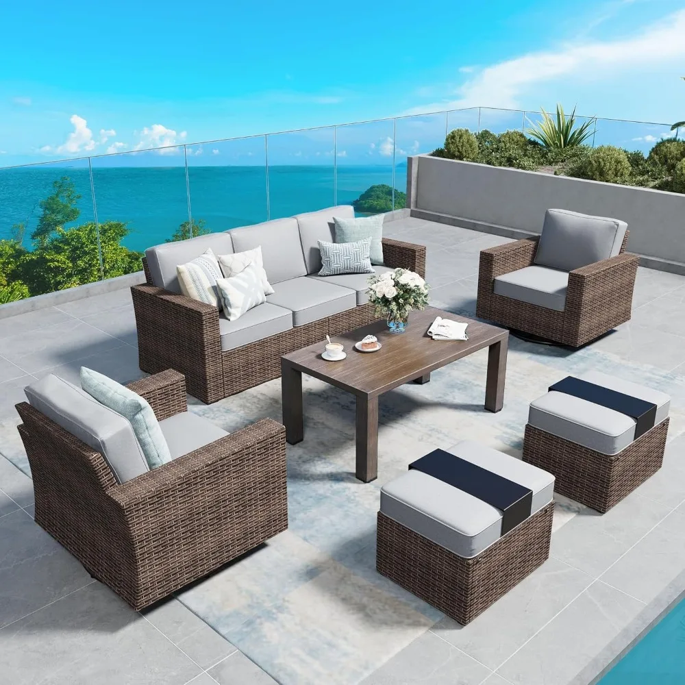 طقم أثاث خارجي مكون من 6 قطع مع كراسي دوارة، وأثاث فناء من الخيزران مع مسند ذراع عريض 4.92، ومقعد عميق 26.3 #1