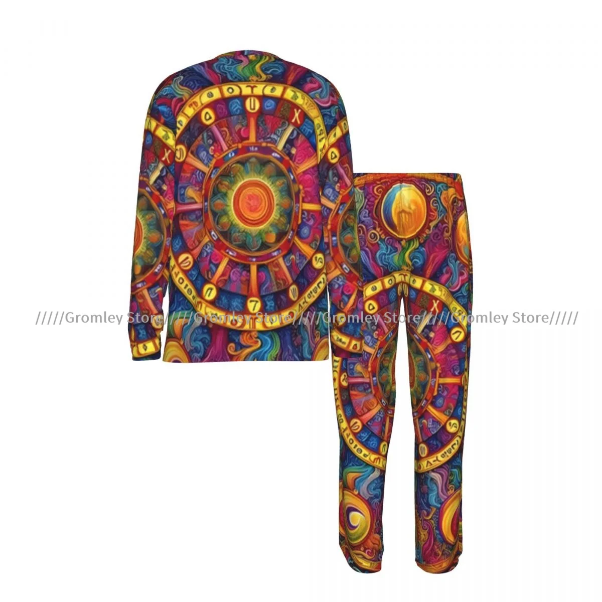 Men's Sleepwear Set Zodiac Circle Colorful Background Long Sleeve Top and Long Pants Pajamas Male Home Loungewear Nightwear