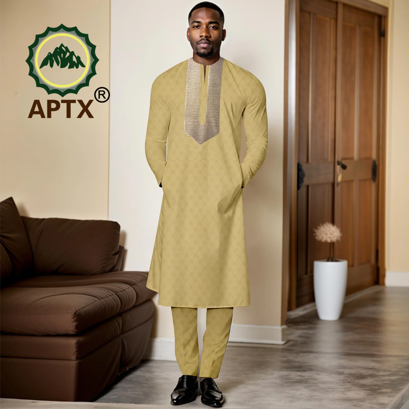 African Suits for Men 2023 2 Pcs Set Men Thobe Muslim Dashiki Clothes O-neck Shirt Robe Pants Church Wedding Wear A2316104