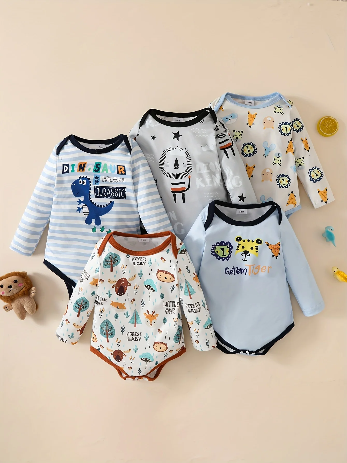 Baby Boys Cute Comfortable 5-Pack Animal Theme Bodysuits All-Season Wear Infant One-Pieces Essential