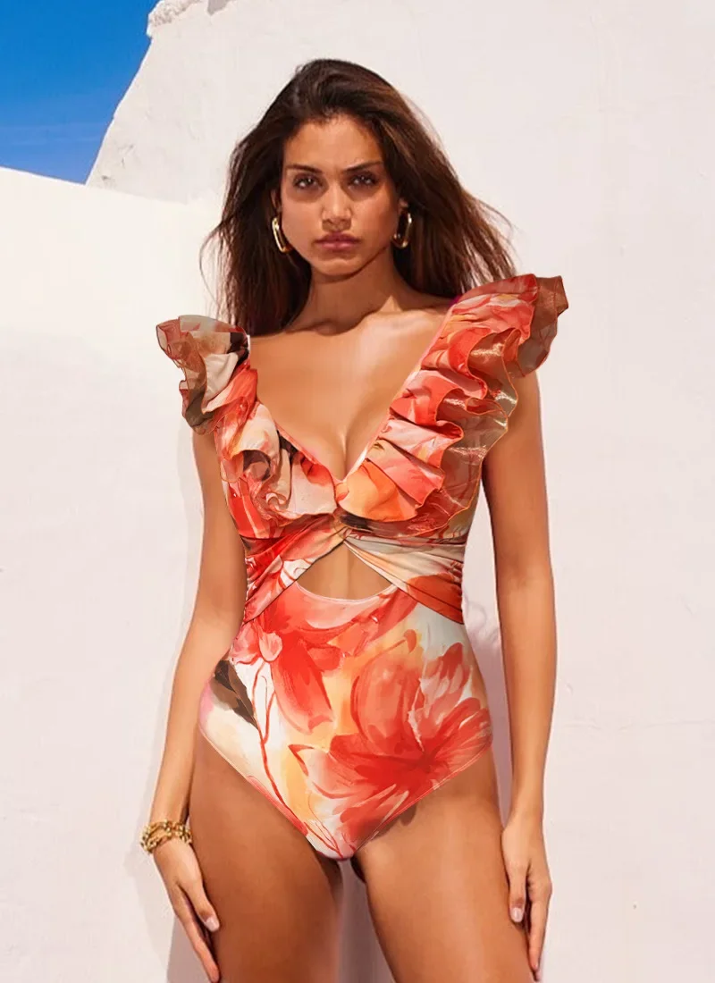 Maillot de bain une pièce en mousseline de soie, col en v, manches à volants, imprimé Floral, Slim, avec robe longue, Sexy, vêtements de plage, pour femmes, 2025