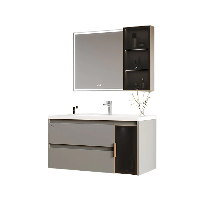 

Модный серый комбинированный шкаф для ванной комнаты, керамический встроенный умывальник, туалет, умывальник для лица, противозапотевающее умное зеркало