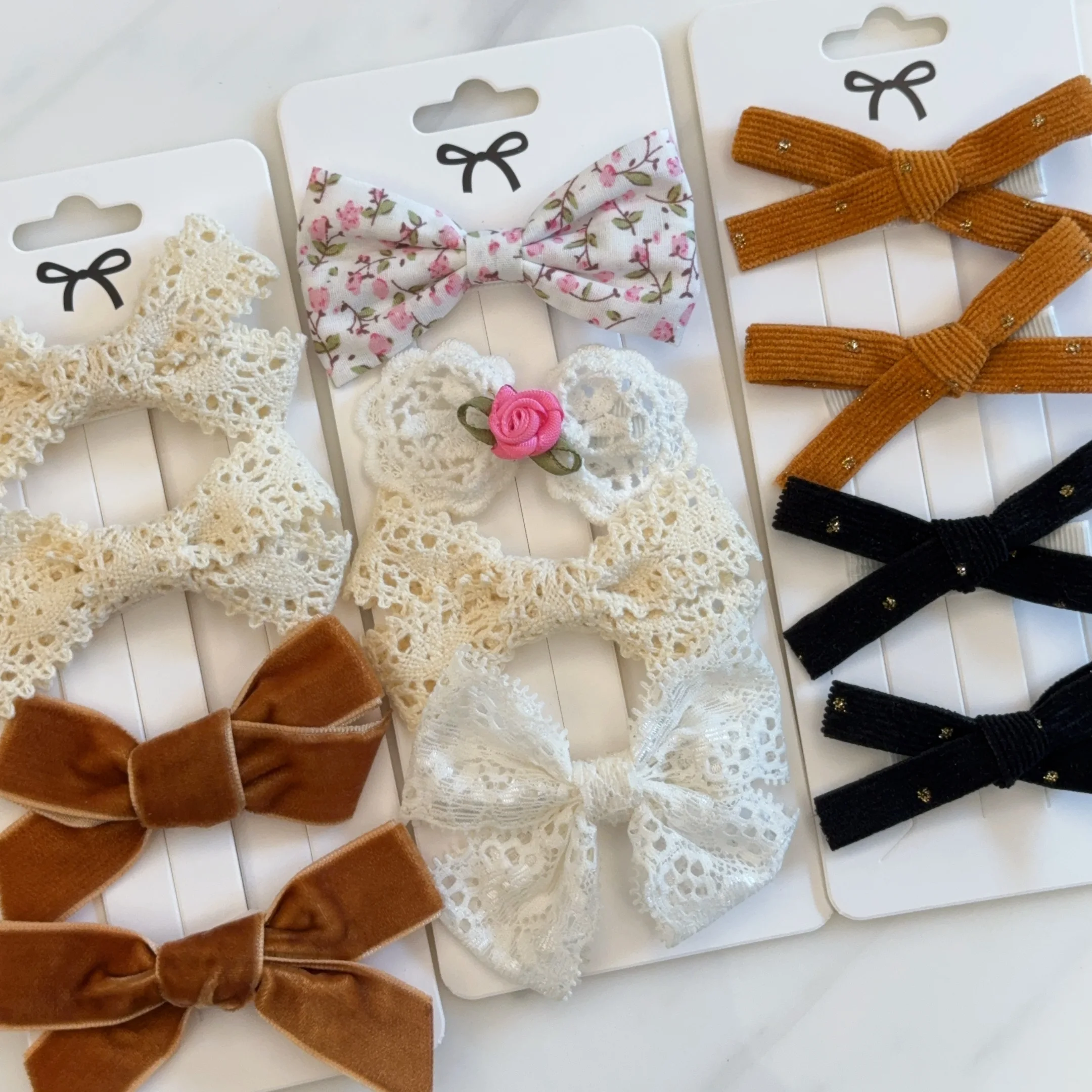 4Pcs/set Solid Flowers Print Bowknot Hair Bow Clips Baby Girls Lace Cotton Linen Barrettes Safety Hairpins Headwear Accessories