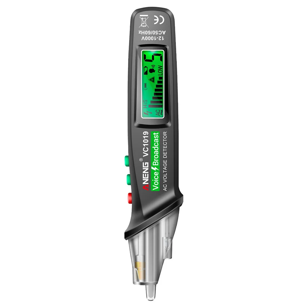 VC1019 Red Laser Test Pen Voice Broadcast Voltage Detector 12-1000V Volt Current Non-Contact Pen Electric Tester Meter Tool