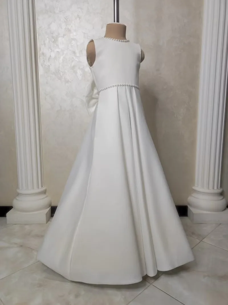Custom White Flower Girl Dress Suitable for Weddings Sleeveless Satin Elegant Princess Birthday Party Formal Event Evening Dress