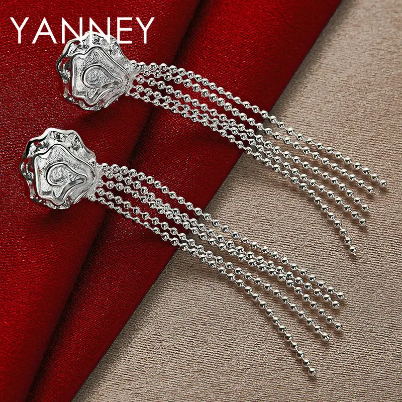 

Fashion New 925 Sterling Silver 65MM Exquisite Tassel Earrings For Women Charm Wedding Roses Temperament Jewelry Accessories