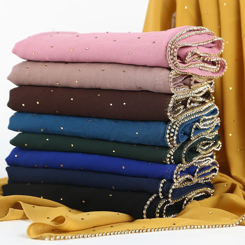 70*180cm Summer Chiffon Hijab Scarf Beaded Headscarf Pearl Chiffon Diamond Head Scarf Spring/Summer Long Ladies Hijab Scarf