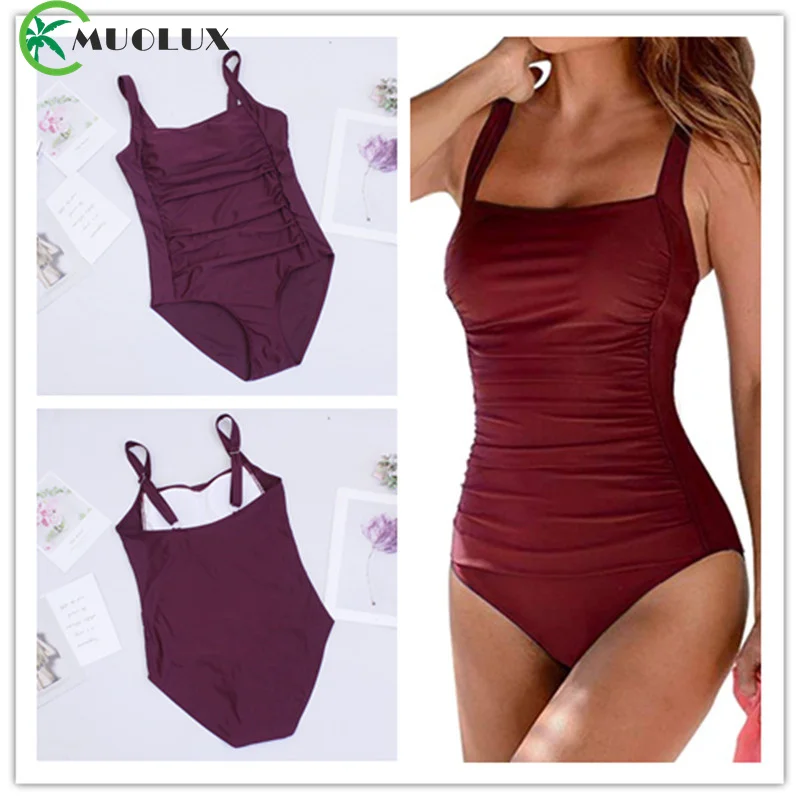 2024 One Piece Women Swimsuits Tummy Control Swimwear Plus Size Bathing Suit Ruched Monokini Vintage Solid Summer Beachwear 2XL