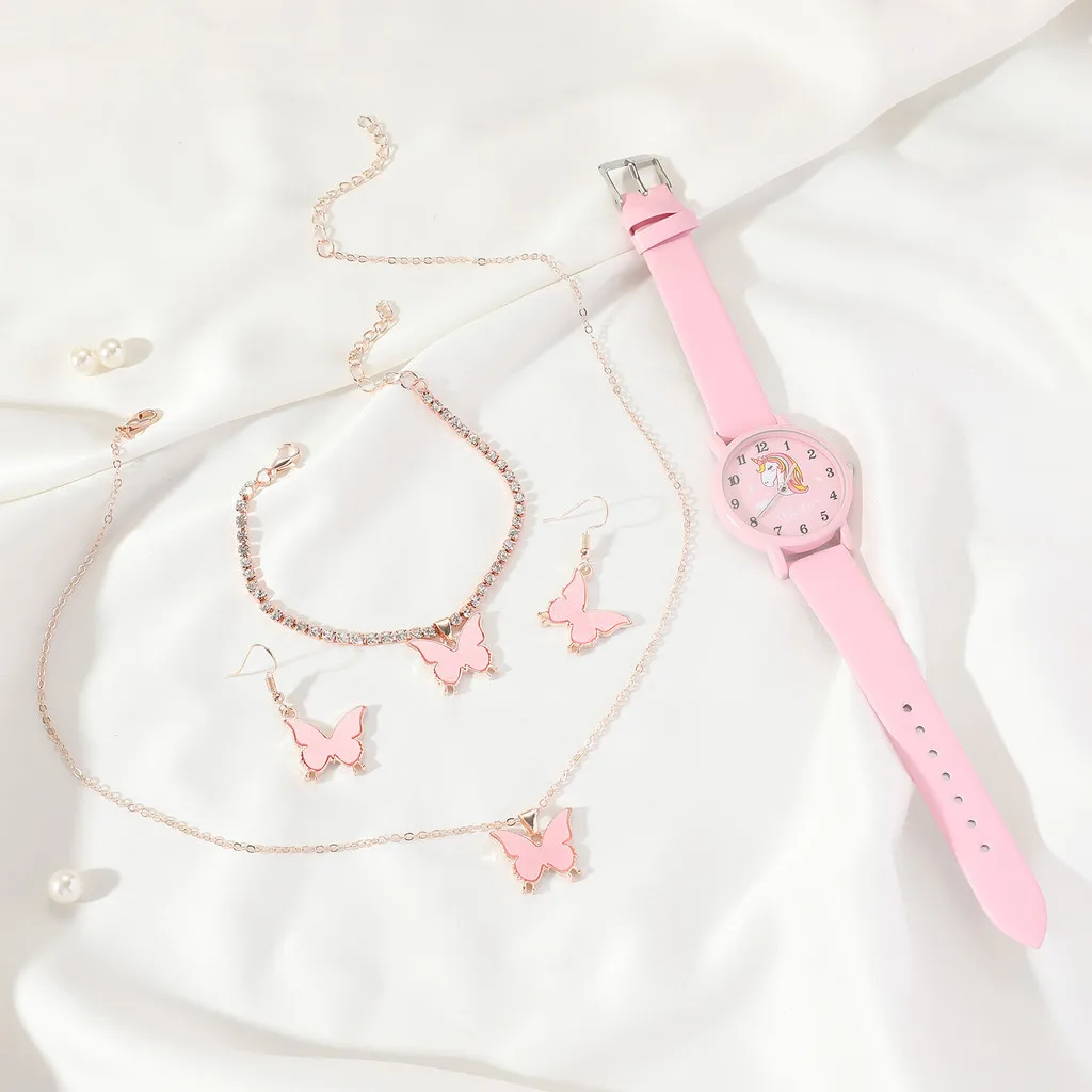 【นาฬิกา+เครื่องประดับ】 นาฬิกาเด็กยูนิคอร์น นาฬิกาควอทซ์สาวสีชมพู ชุดเครื่องประดับผีเสื้อ ของขวัญเด็กผู้หญิง ไม่มีกล่อง