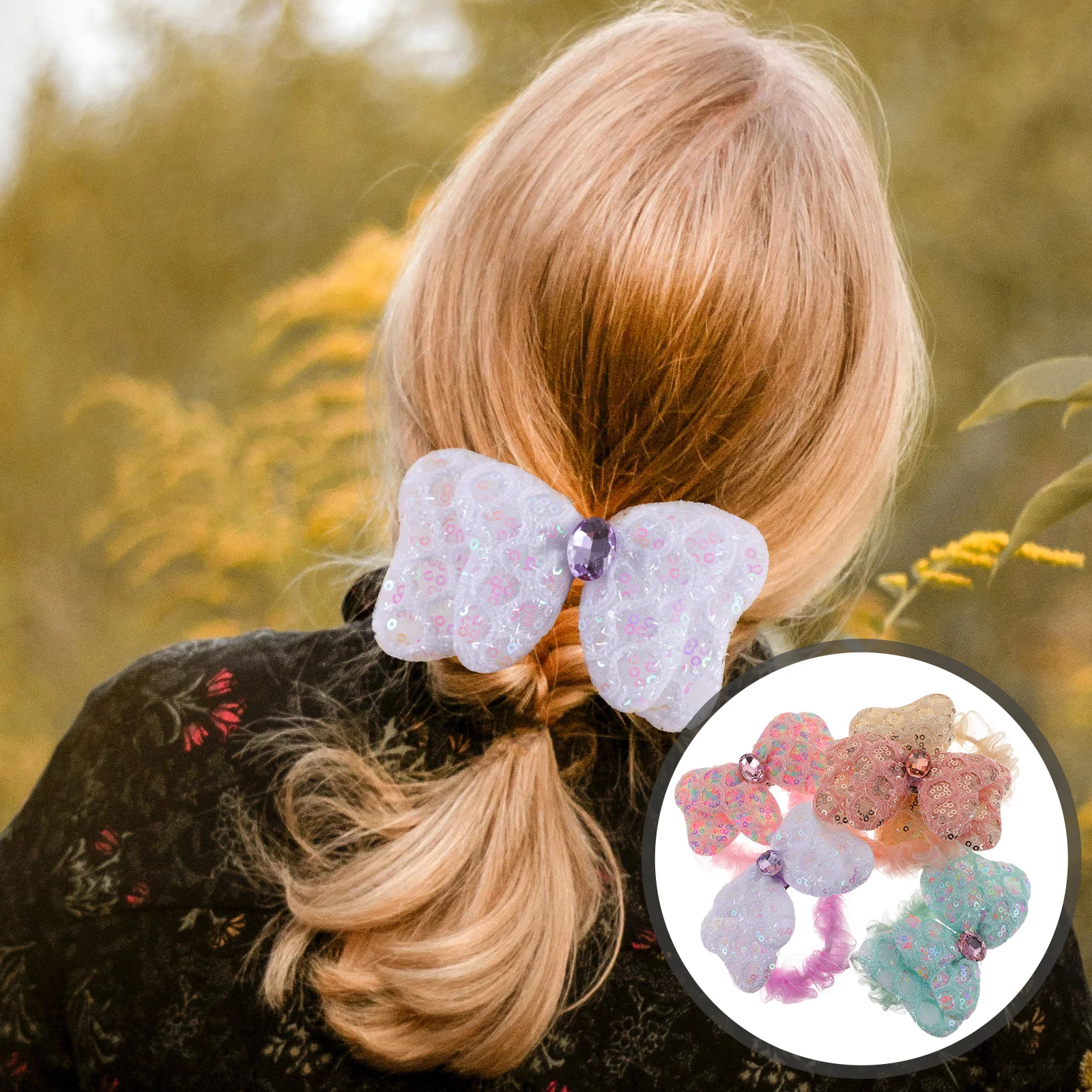 

5pcs Snap Hair Clips Elastic for Girls Bright Colors Fashion Accessories Toddler Bows Crystal Sequin Rubber Yarn Gauze