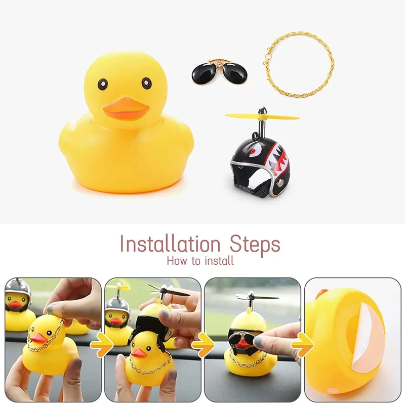 Car Rubber Duck Toy With Helmet Small Yellow Duck Car Dashboard Ornaments Cool Glasses Duck Car Decoration Cycling Accessories