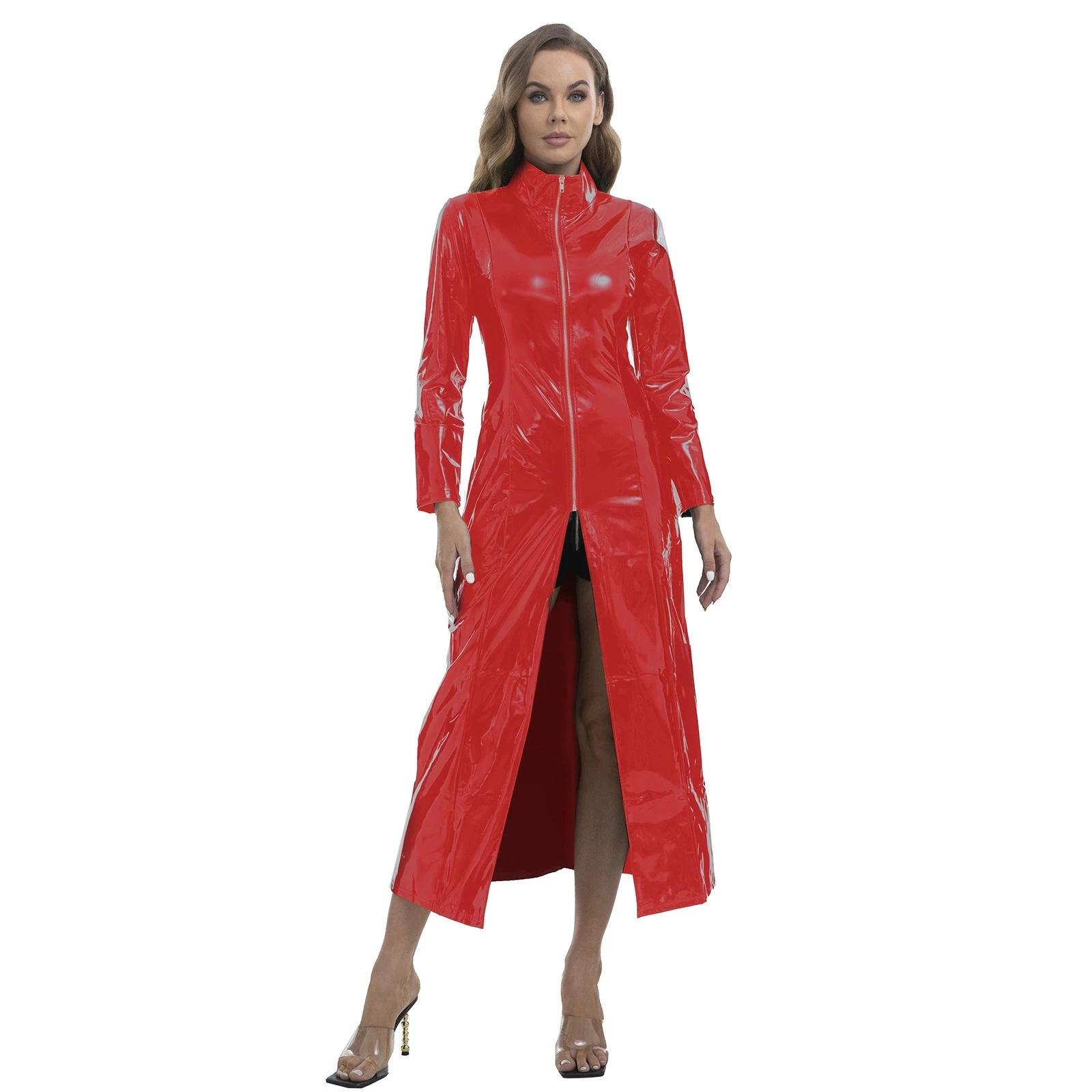 Shiny PVC High Split One-Piece Dress Wet Look PU Leather Windbreaker Outwear Performance Robe Faldas Jacket Women Long Dresses