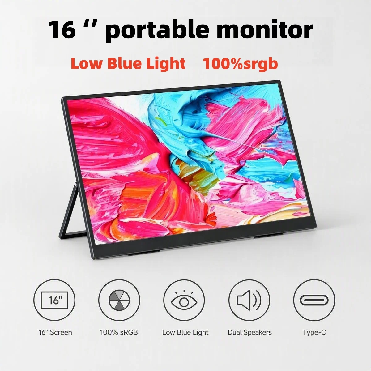 16-Inch Portable Monitor, 100% SRGB, Low-Blue-Light Eye-Care, Type-C Extended Screen, Secondary Display for Laptops & Smartphone